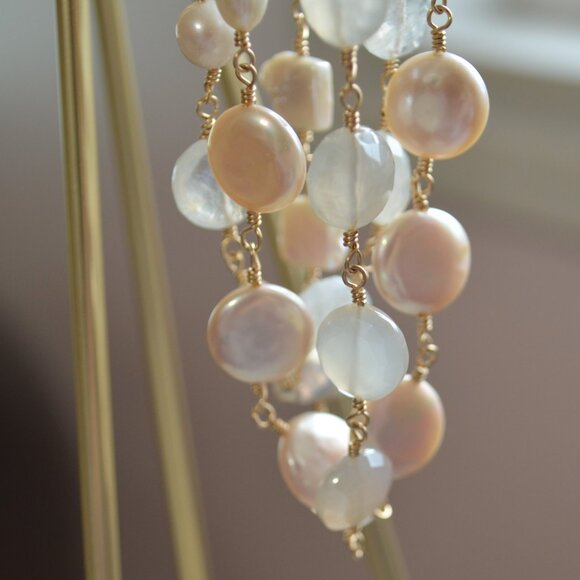 Long White Gemstone and Pearl Necklace in Gold - Picture 6 of 10